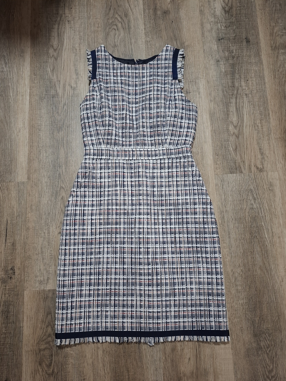 J. Crew 0P Navy, White & Red Plaid Tweed Sleeveless Sheath Dress